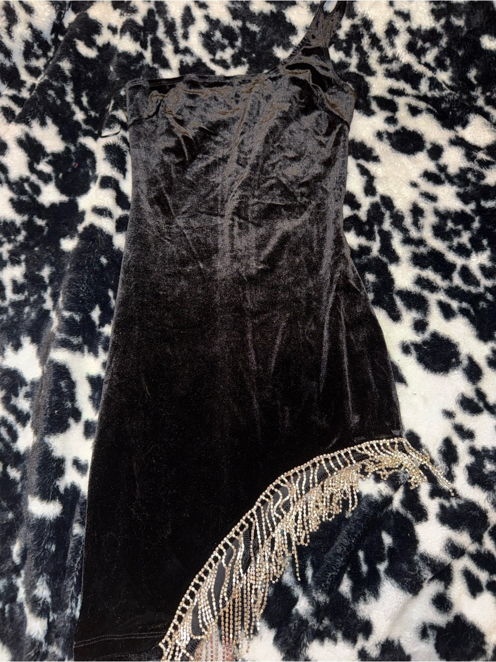Black Velvet One-Shoulder Dress with bling Fringe